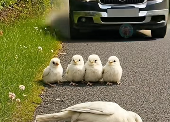 g1810001 A Kind Man rescued a helpless Robin with chicks on the road