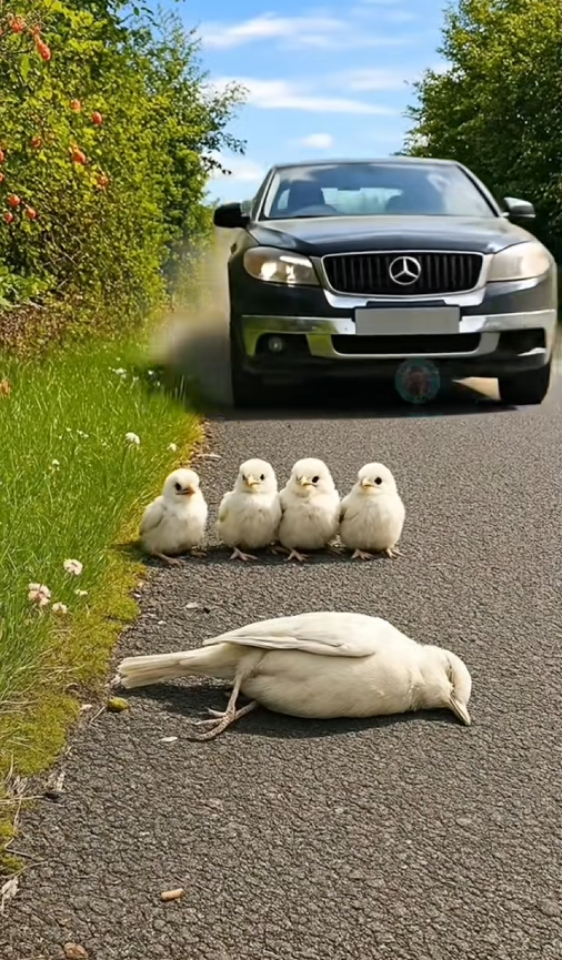 g1810001 A Kind Man rescued a helpless Robin with chicks on the road